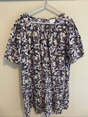 Ava & Viv 1X Dress Plus Size 100% Cotton Floral Shift Tiered Puff Sleeve Purple